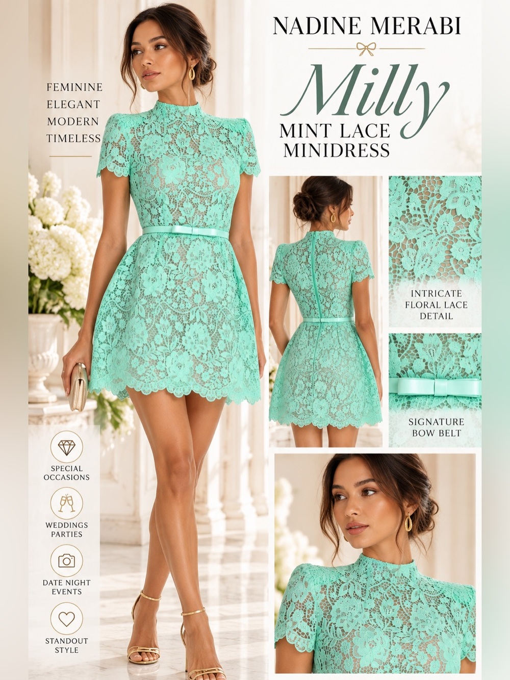 NADINE MERABI Mint Green Lace Mini Dress